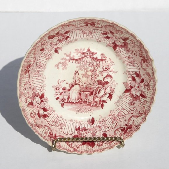 Rare Adams Red Transferware Tea Bowl & Saucer, C. 1820-30s, Hibiscus Border - Picture 4 of 7